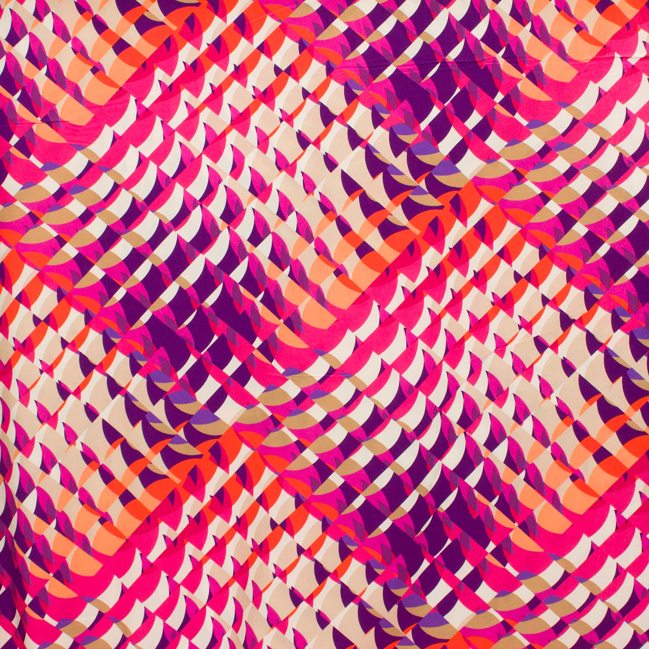 Viscose met paars, oranje, ecru en roos abstract motief